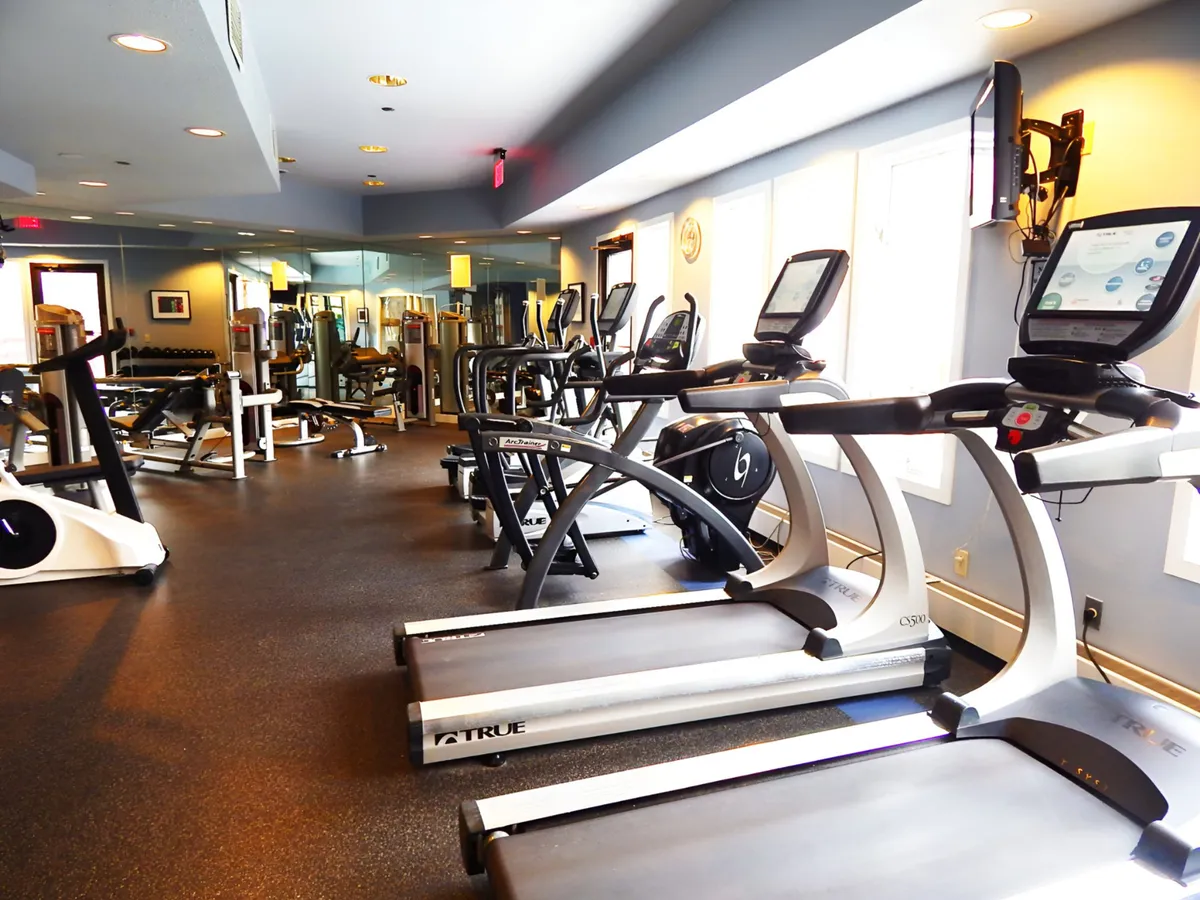 A well-equipped fitness center featuring treadmills, exercise equipment, large mirrors, and natural light streaming through windows. The space is open, energetic, and designed for various workouts.
